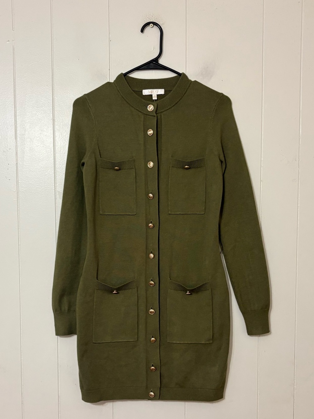 WAYF Becca Knit Mini Dress Olive Green Gold Button Long Sleeve XS Missing Belt